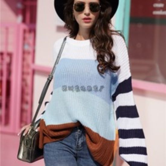 Picture of Intermittent color patchwork knitted sweater pullover, elegant commuting loose sweater for women